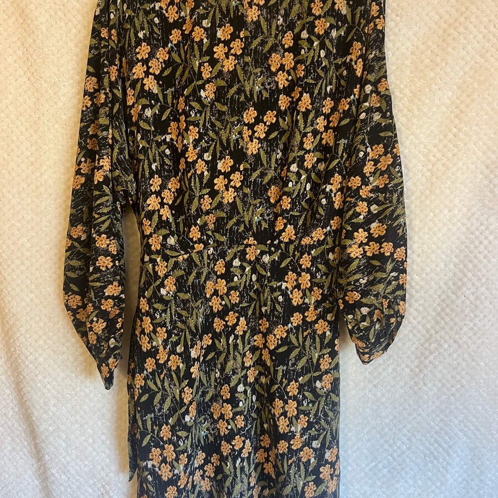 Entro Wrap Dress Floral Long Sleeve Dress Bishop Sleeves V Neck Black Green MED - Picture 6 of 7